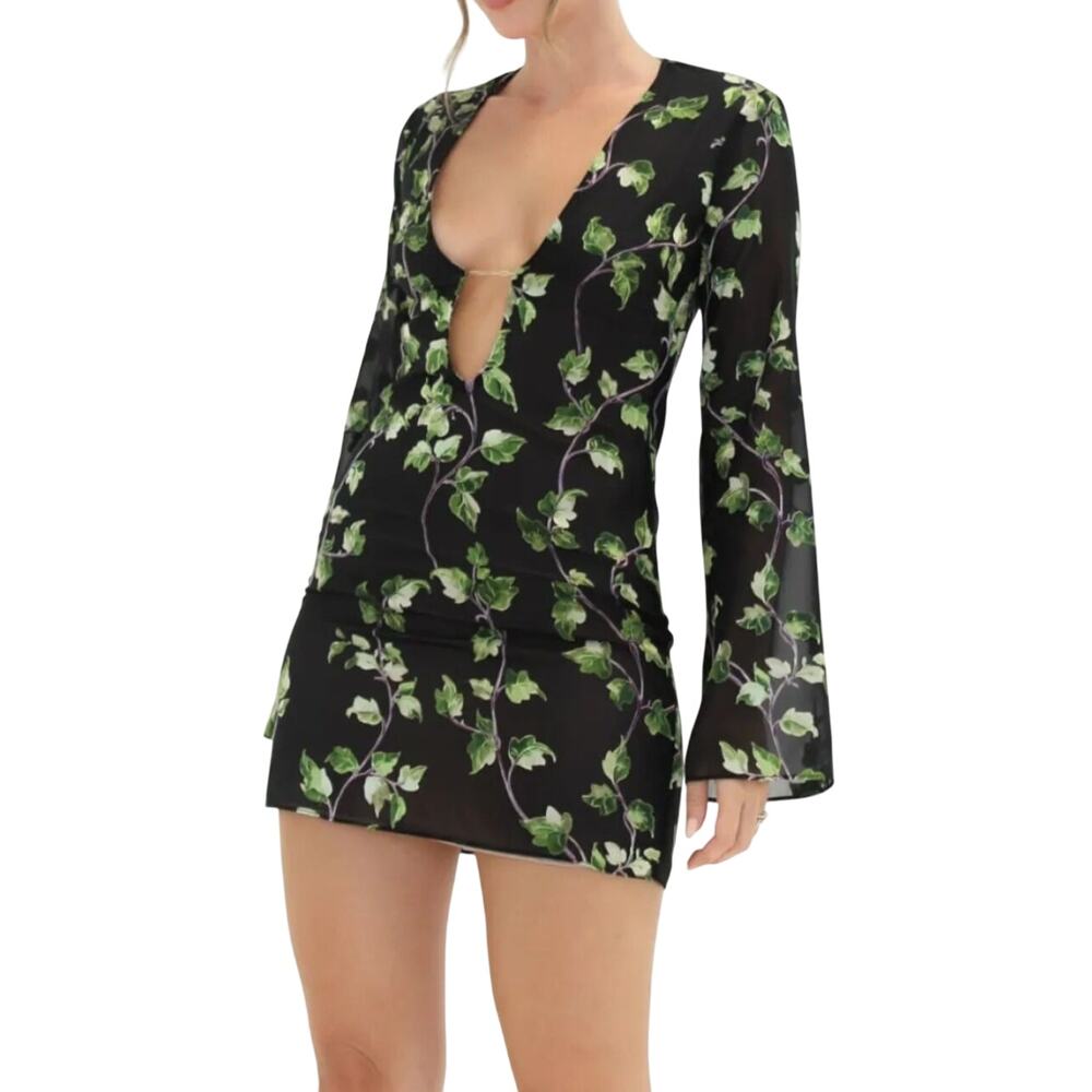 Rumored Sterling Mini Dress Envy Floral Leaf Black Green Deep V Neck Small